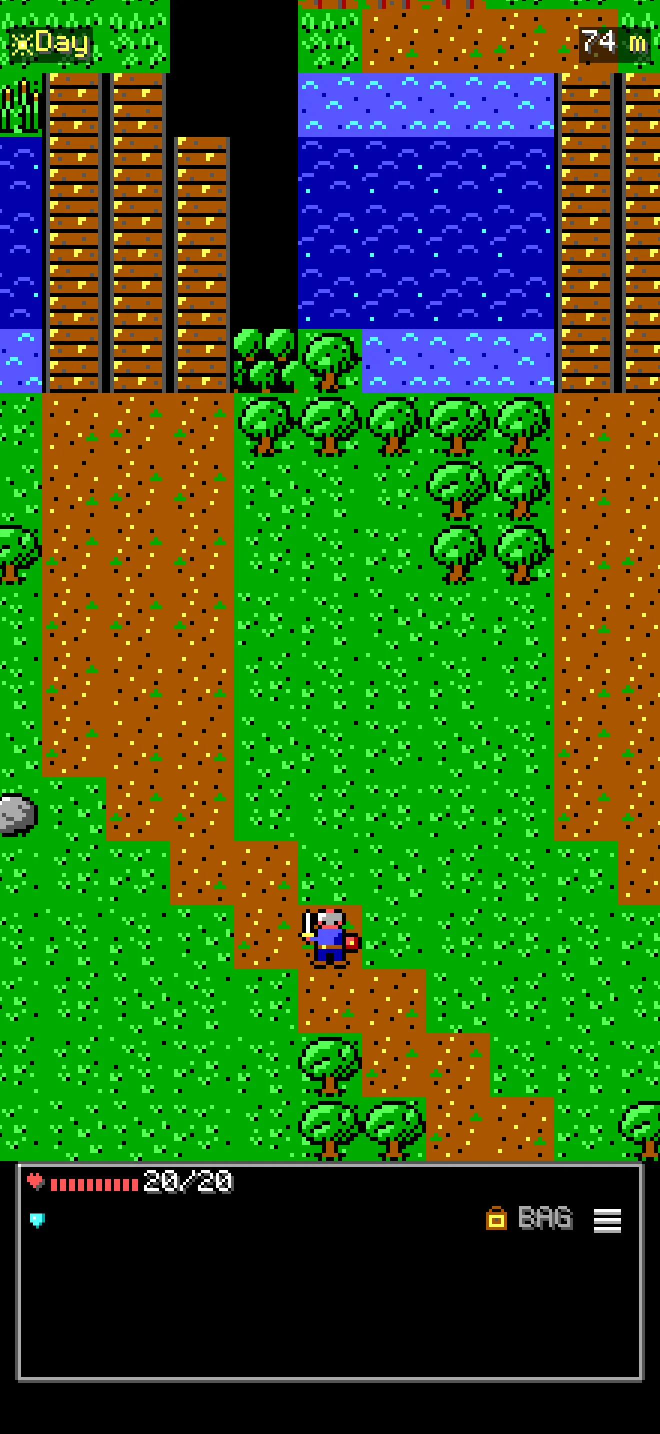 Yonward: the hero on a dirt road through a meadow, below wooden bridges over a river, 74 metres into the run