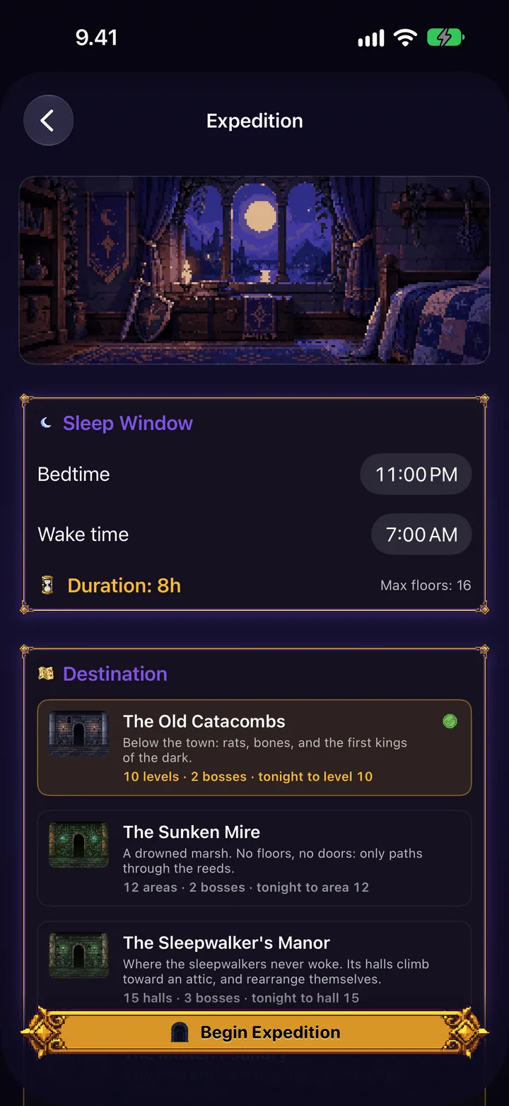 Bedtime setup with the sleep window and tonight's destination