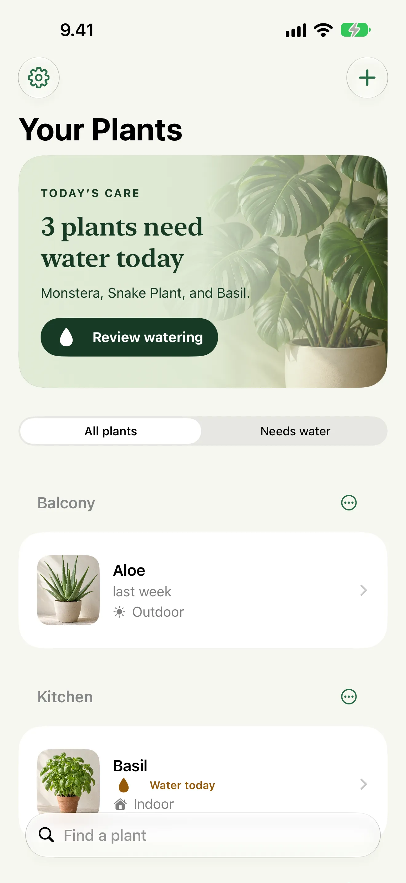 PlantCoach Your Plants, with today's care at the top