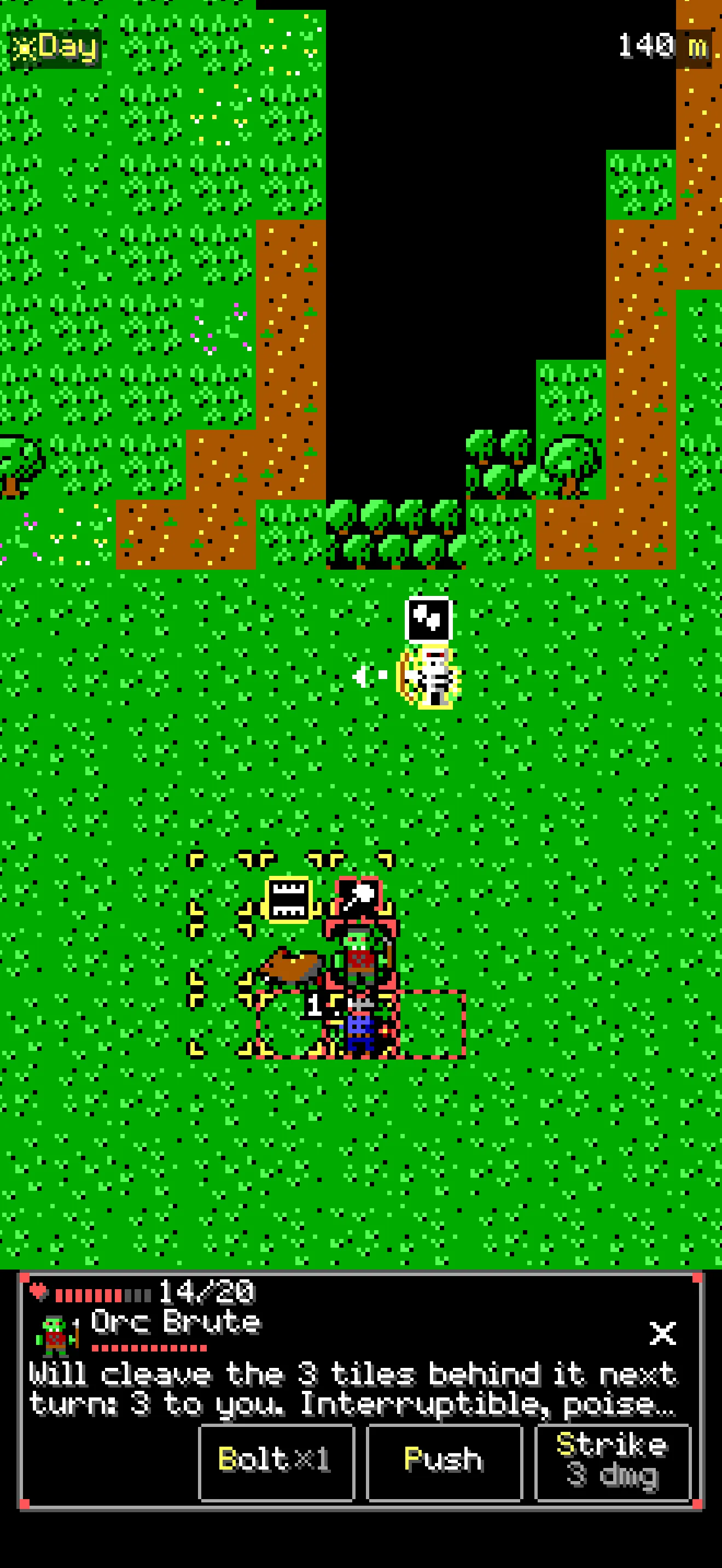 Yonward: an Orc Brute's card warns it will cleave the three tiles behind it next turn, with Bolt, Push and Strike under the thumb