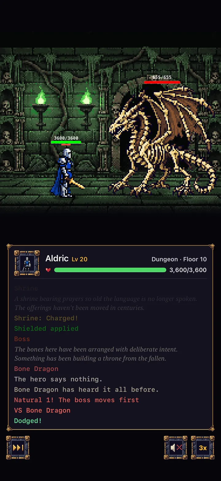 Sleep Dungeon: a knight faces the Bone Dragon on floor 10 of the dungeon