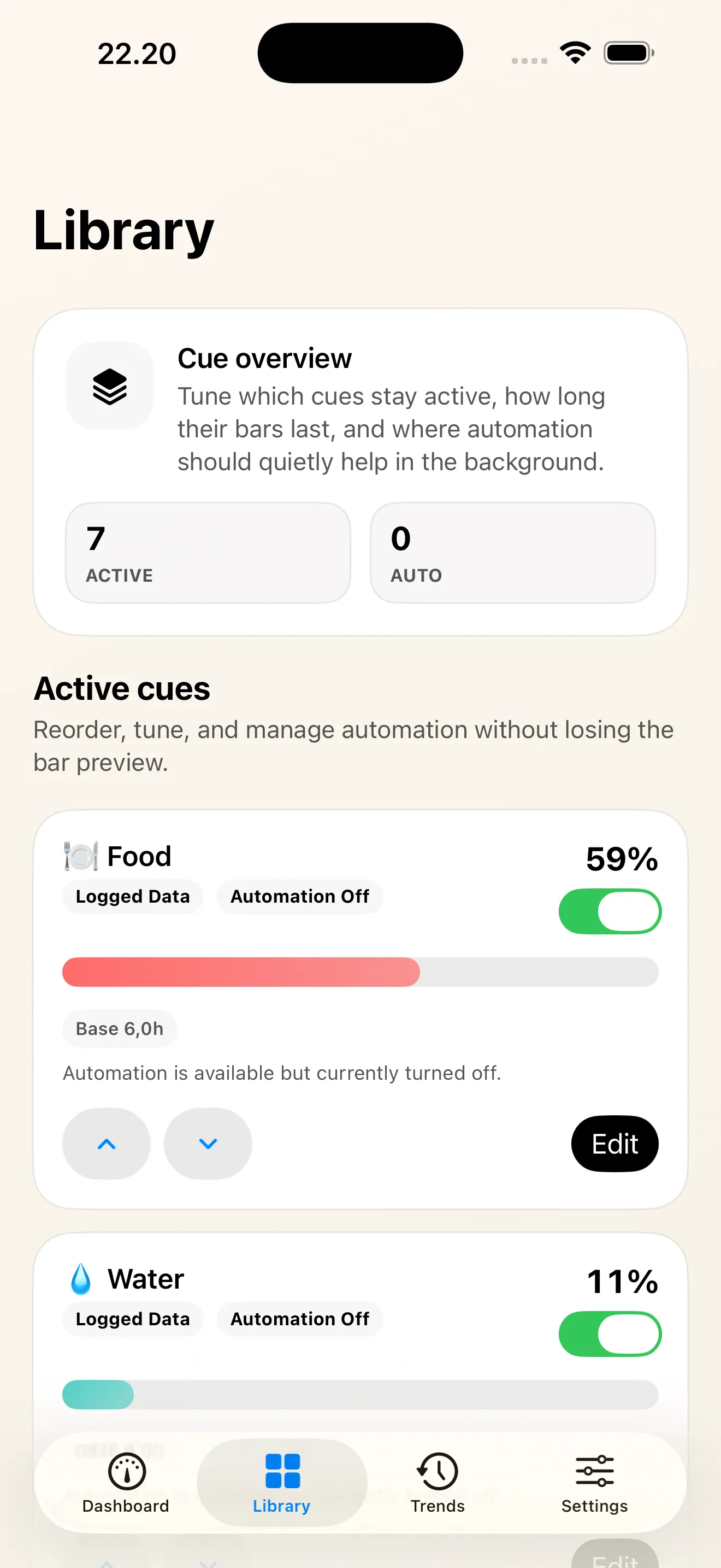 Cues library of active cues