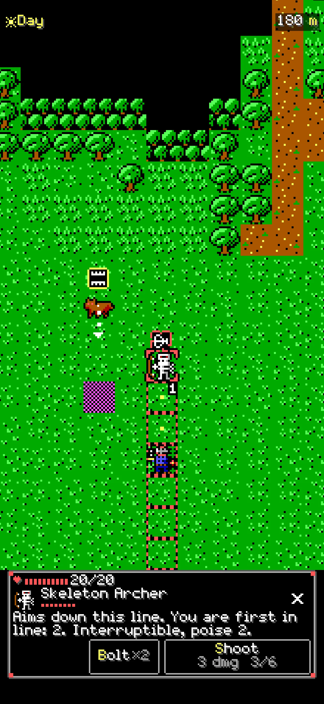 A Skeleton Archer aims down a dotted line at the hero, with Bolt and Shoot in reach