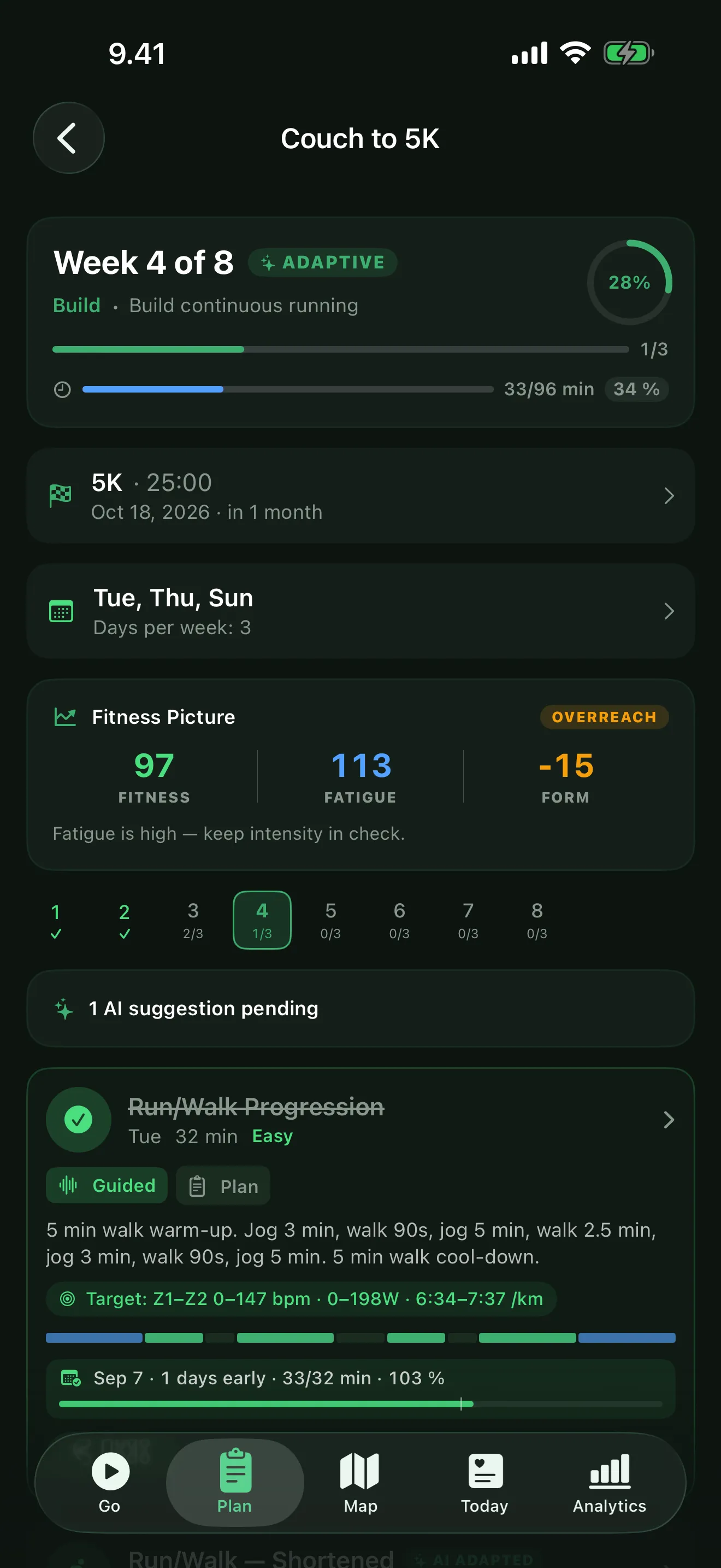 Kiito adaptive plan — phase, race countdown and fitness picture