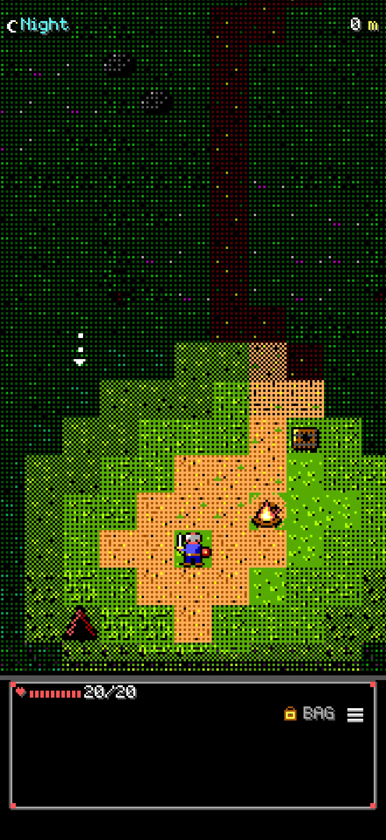 Night on the road: the hero by a campfire and a tent, the land dark beyond the firelight
