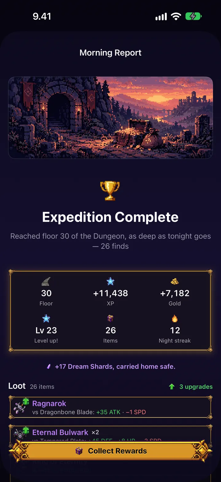 Sleep Dungeon's morning report: expedition complete, floor 30 reached, the loot below