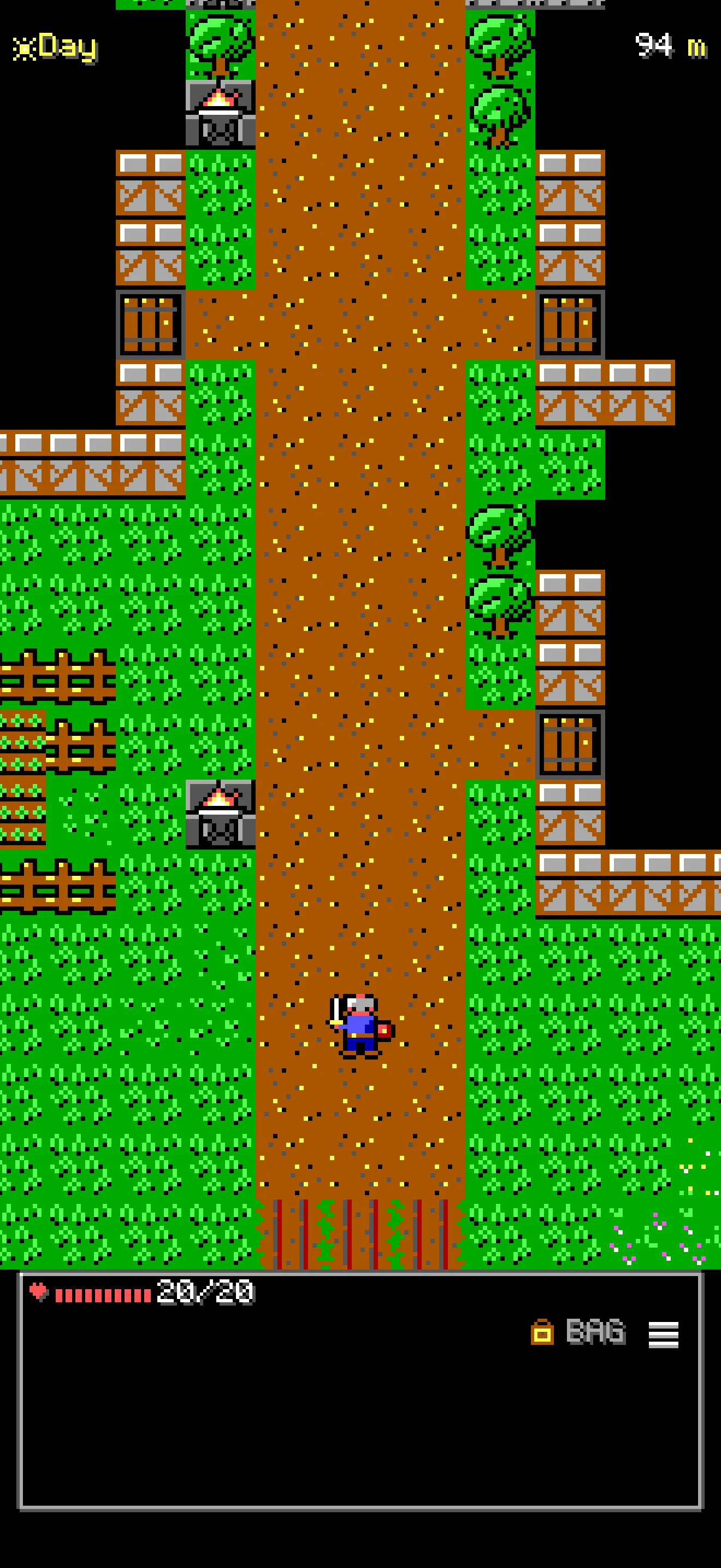 The road through a castle's walls, past braziers and wooden gates