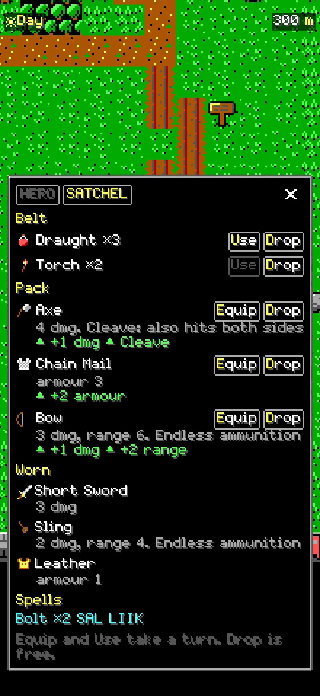 The satchel: draughts and torches on the belt, an axe, chain mail and a bow in the pack, each with its numbers