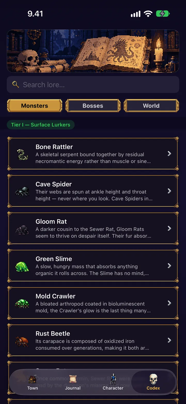 The Codex's list of monsters