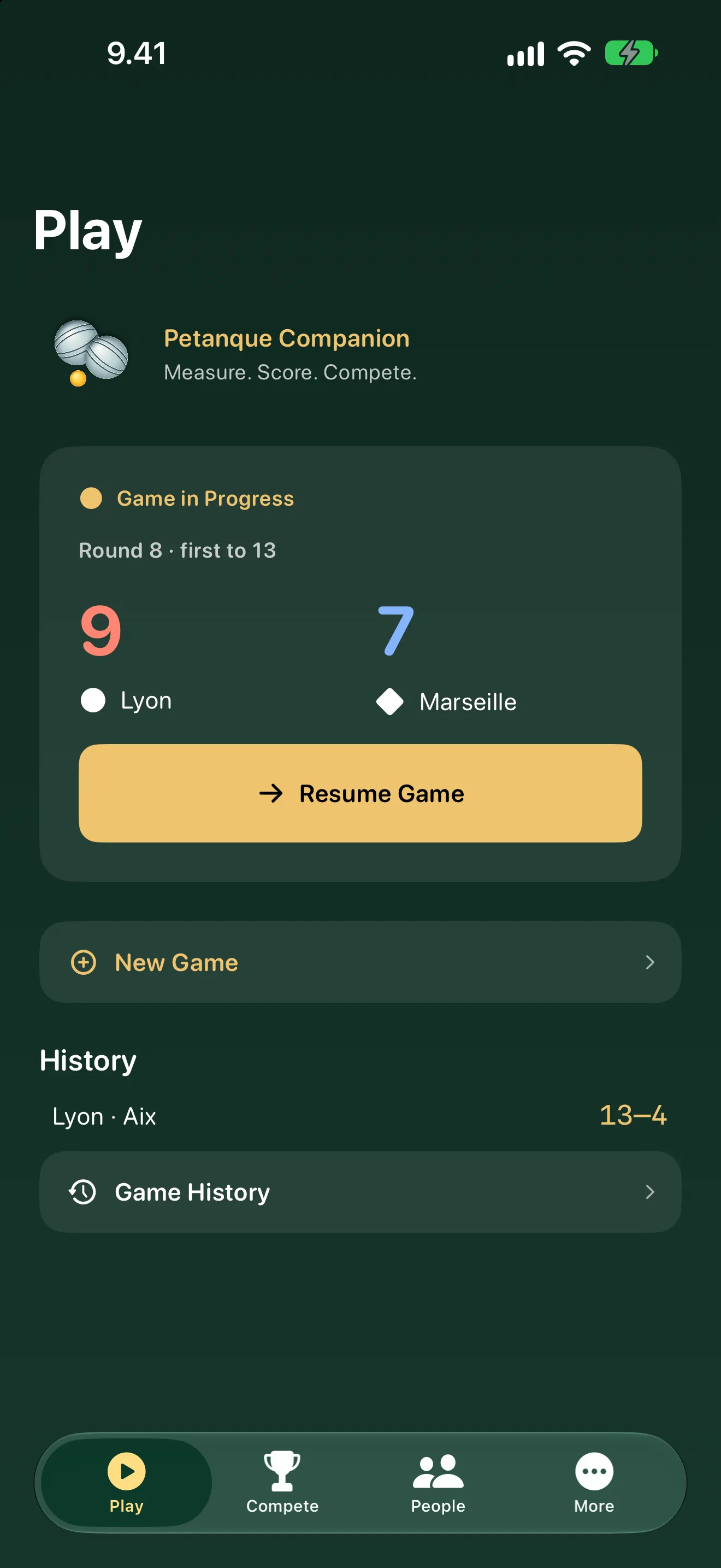 Petanque Companion Play screen with a game in progress