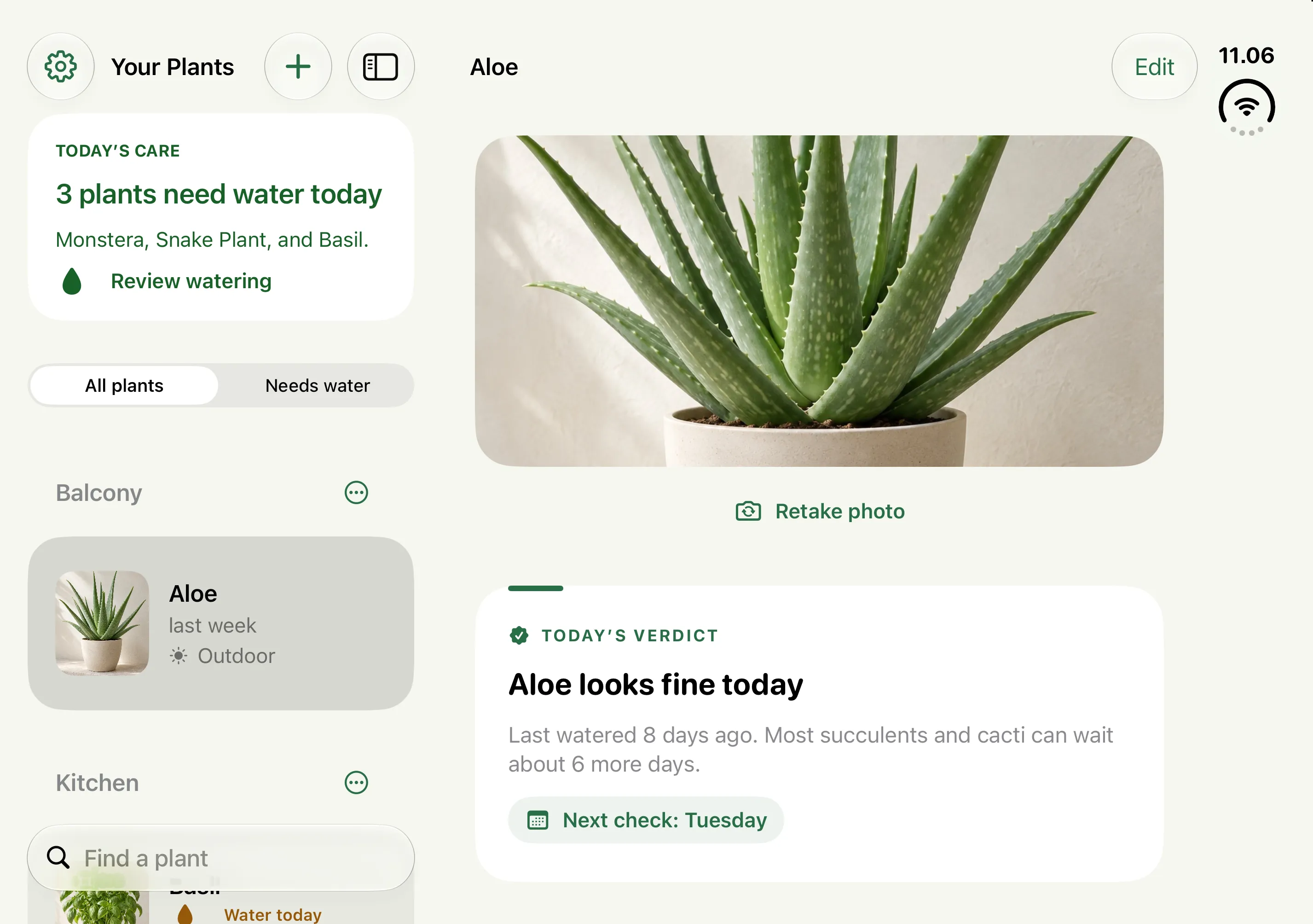 Opened: your plants beside the selected plant's care. From the 2.0 build in development, with sample data.