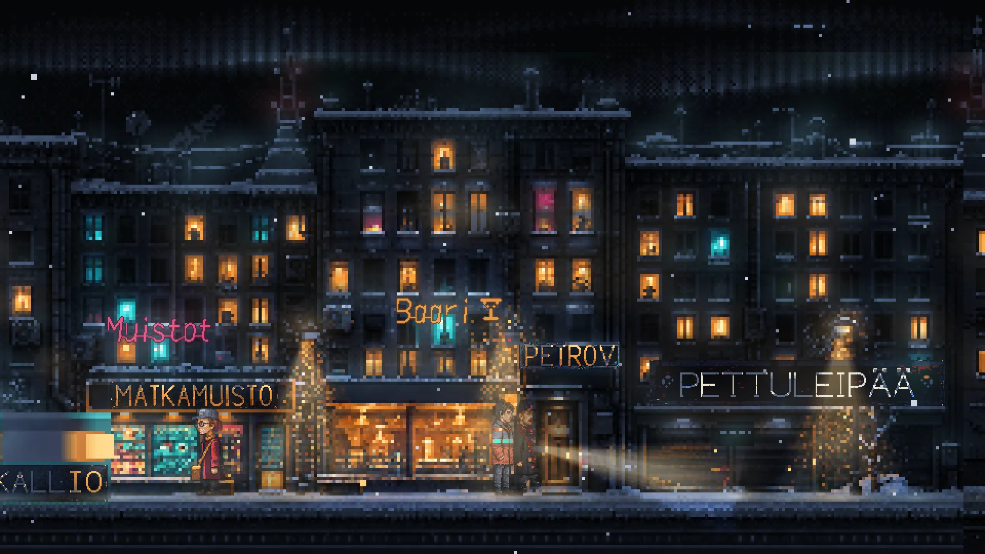 Runo 51: Kallio at night, with neon signs, lit shop windows and people on the snowy street