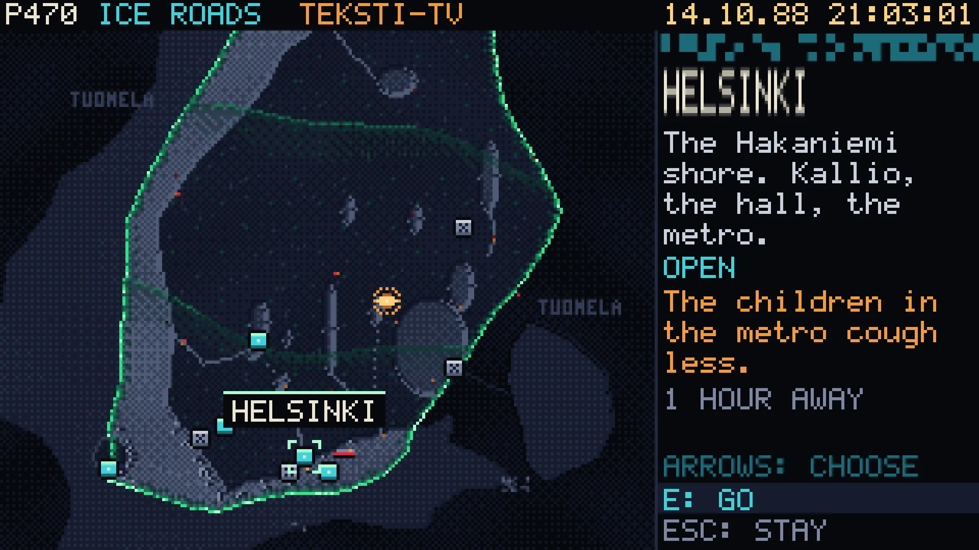 The travel map, Teksti-TV page 470 Ice Roads: Finland under the Lid, the ice routes between towns, Helsinki selected, one hour away