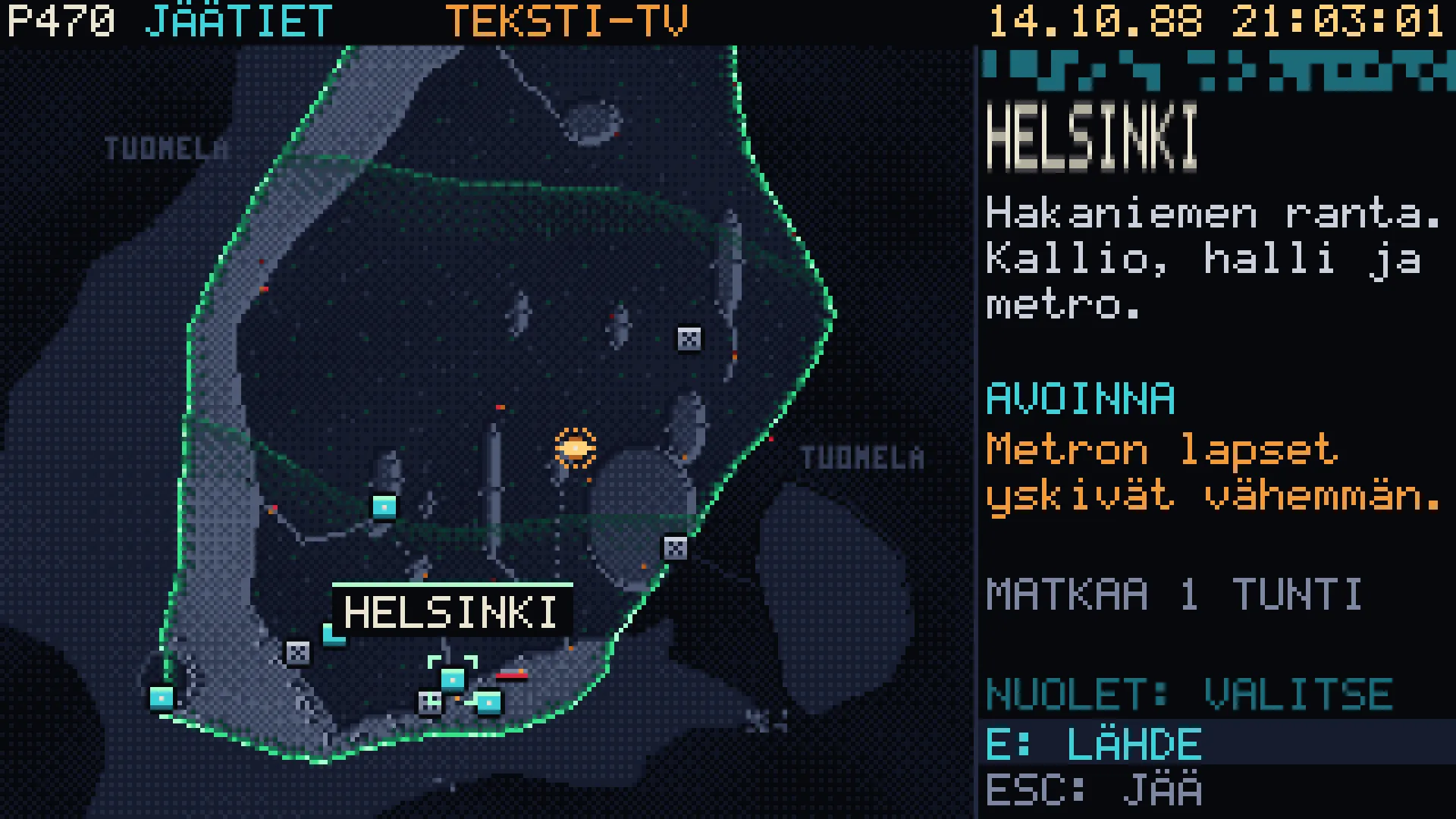 Matkakartta, teksti-tv:n sivu 470 Jäätiet: Suomi Kannen alla, jäätiet kaupunkien välillä, Helsinki valittuna, matkaa yksi tunti