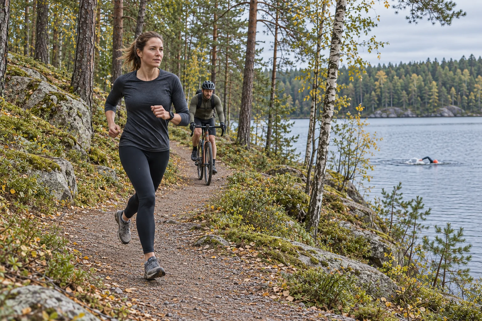Una runner e un ciclista su un sentiero lungo un lago finlandese, con un nuotatore nel lago.