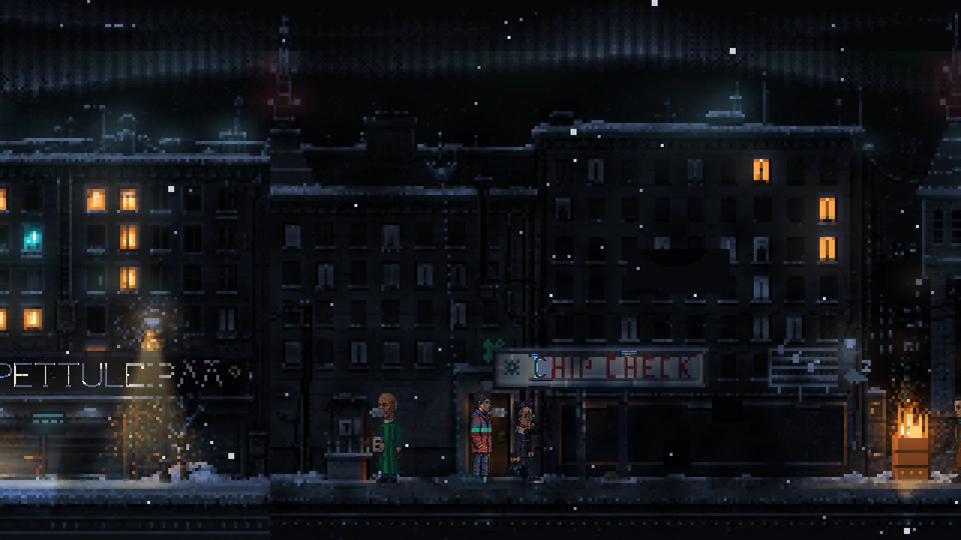 The same street after the lamp tune: the electric light has died, only a burning barrel still glows