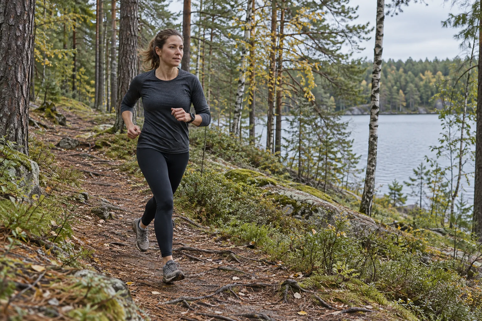 Una runner su un sentiero nel bosco.