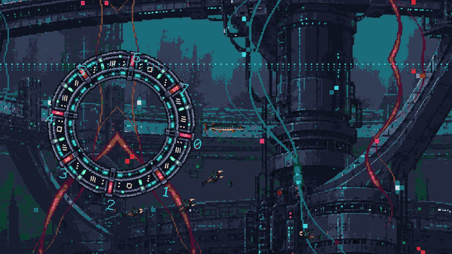 Ahtola, the data sea: Lemmi swims as a pike past a ring of the network, with Turso's children closing in