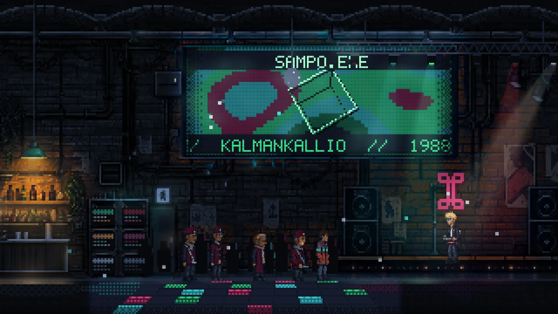 Lemmi facing Joukahainen on the Kalmankallio stage, with the crowd and the animated SAMPO.EXE projection behind them