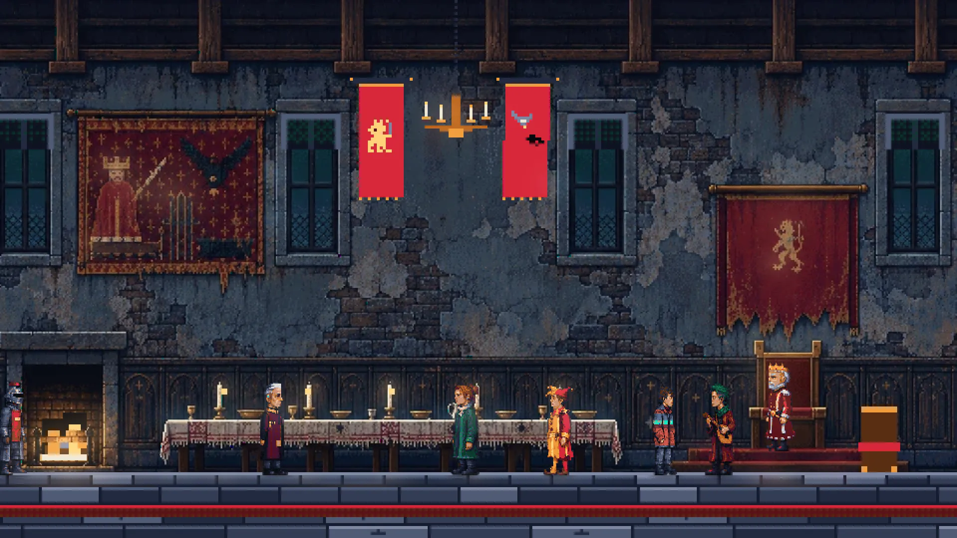 The King's Hall in walled Turku: knights, a fool and the court before the King's throne, under propaganda tapestries