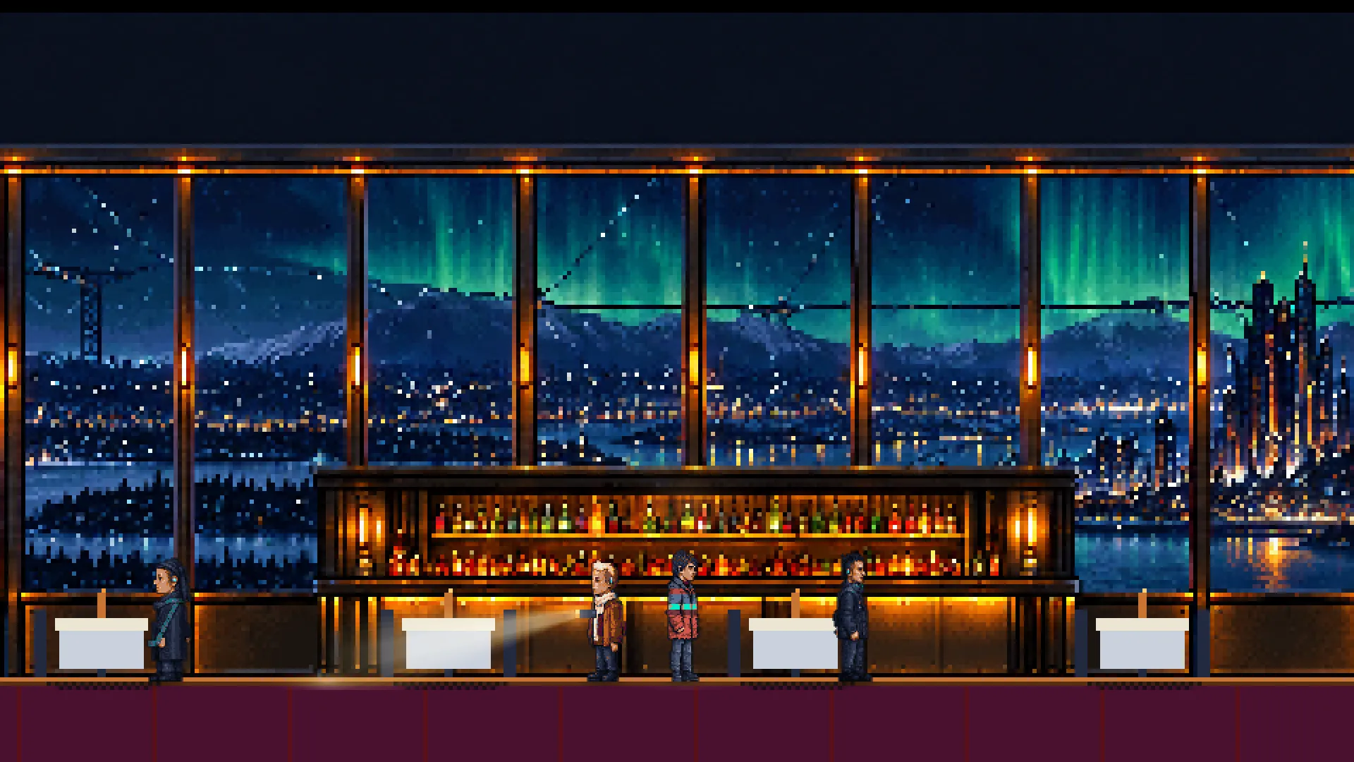 The masters' club at the top of the Needle in Tampere: a bar against tall windows, the night city and the aurora behind