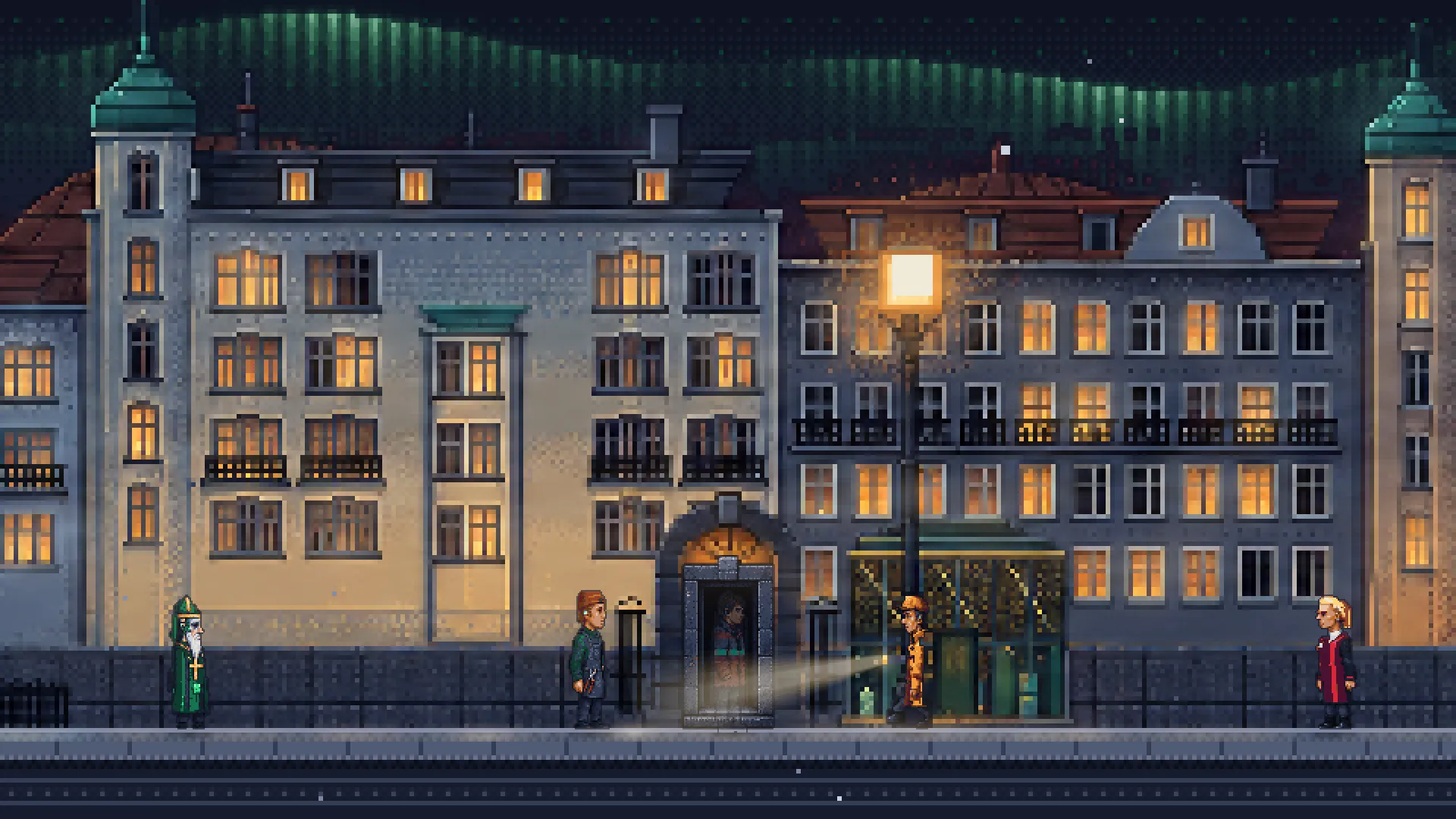 Eira at night: a Sun Guard's lantern swings toward the doorway where Lemmi hides