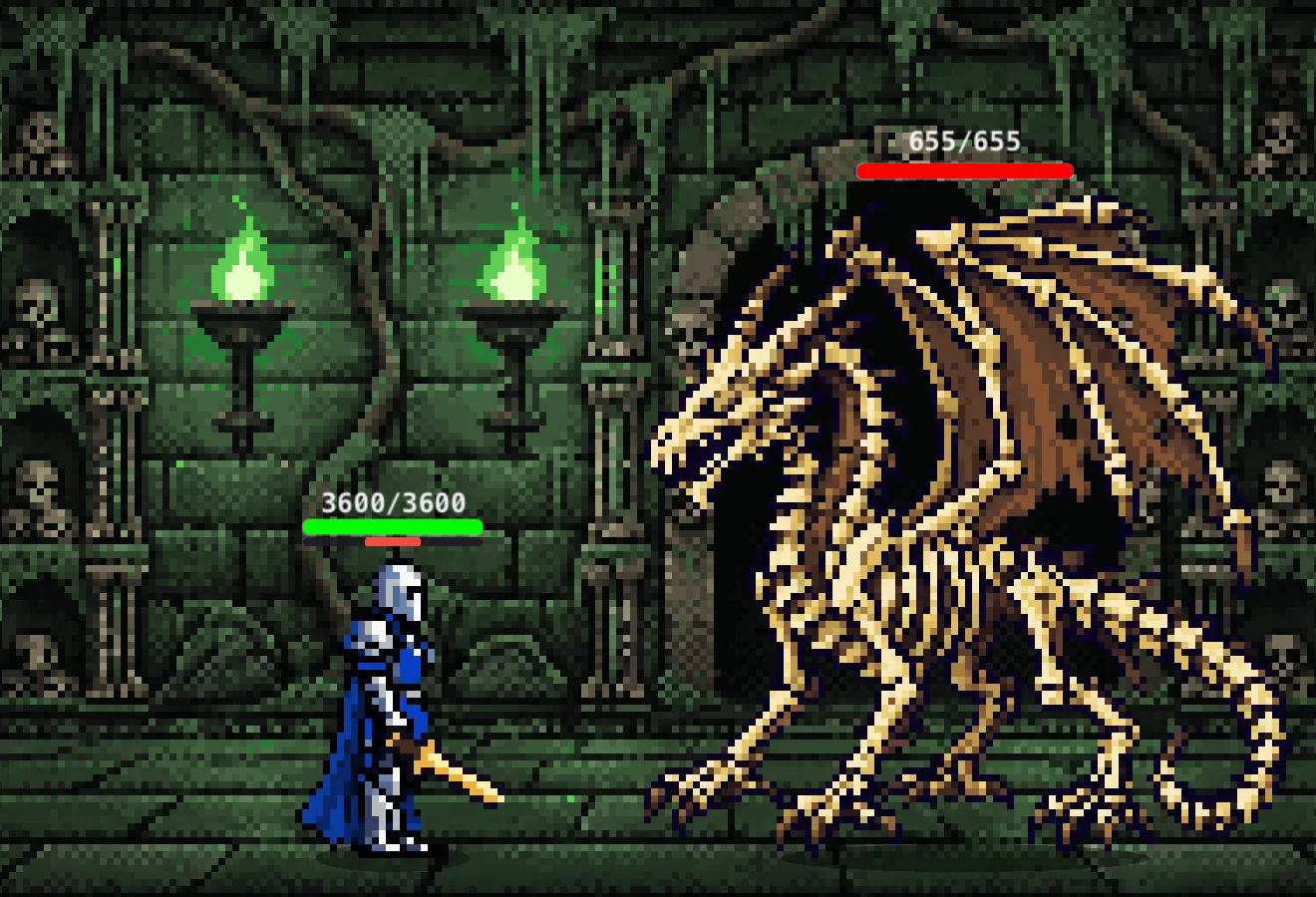 Sleep Dungeon: a knight faces the Bone Dragon in a mossy crypt, in pixel art