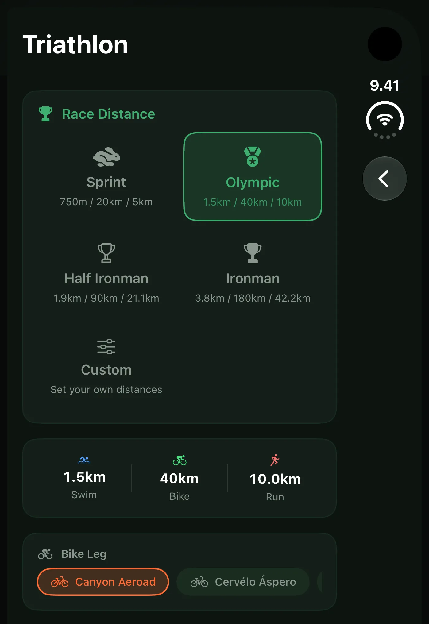 Scegli distanza olimpica e bicicletta. Plan → Multisport · Kiito Pro · Anteprima 2.0.